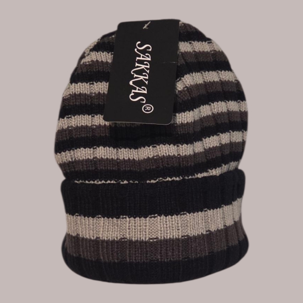 NWT Sakkas Knit Winter Beanie | Black & Gray Striped  One Size